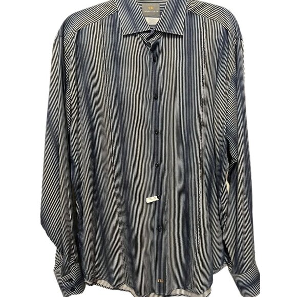 Thomas Dean Mens Shirt Large Button Up Long Sleeve Flip Cuff Blue Striped Cotton - Picture 1 of 6